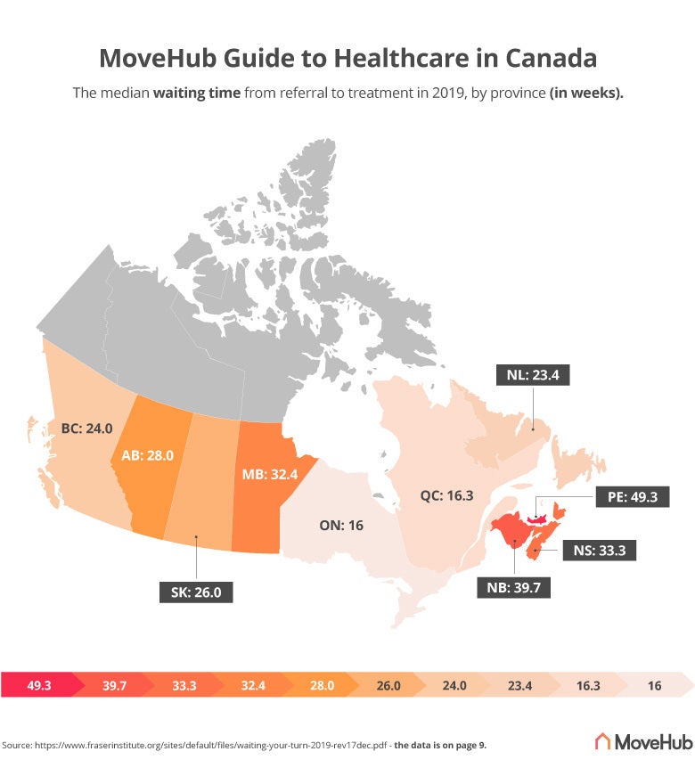 map showing healthcare waiting times in canada