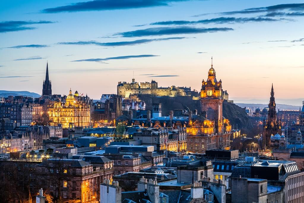 a view of Edinburgh at dusk