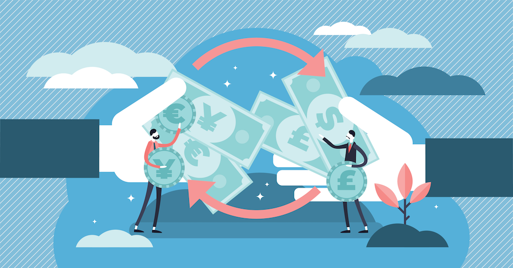 a cartoon of two people transferring money