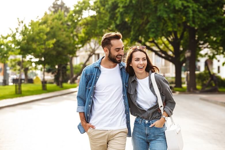 A couple walking around a city