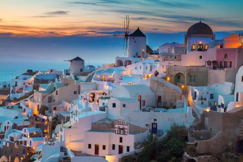 Santorini white houses at sunset