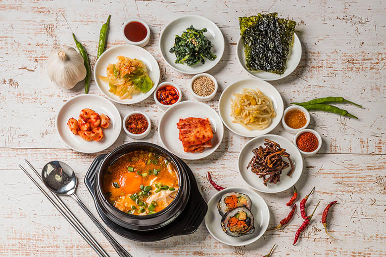 Selection of different foods common in South Korea